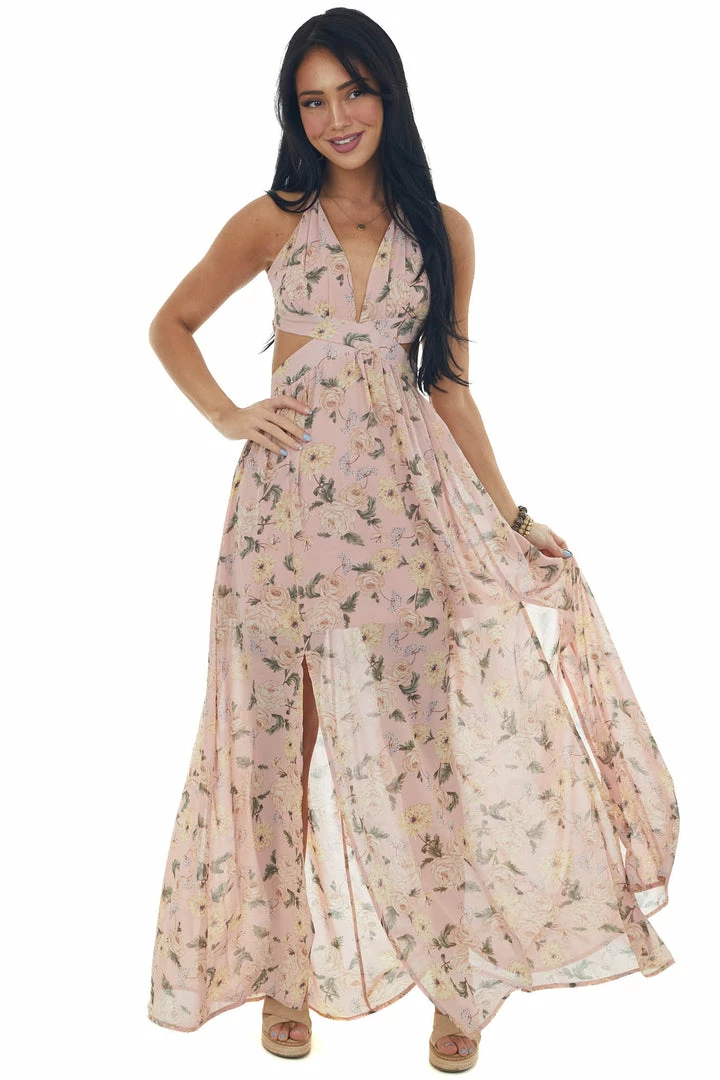She + Sky Dusty Blush Floral Cut Out Waist Maxi Dress Dresses 4 She + Sky Dusty Blush Floral Cut Out Waist Maxi Dress Dresses