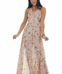 She + Sky Dusty Blush Floral Cut Out Waist Maxi Dress Dresses