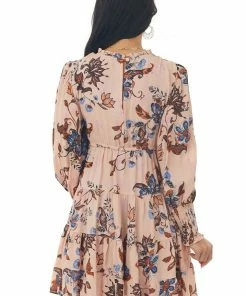 ANGIE Dusty Blush Floral Print Babydoll Tiered Dress