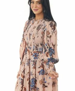 ANGIE Dusty Blush Floral Print Babydoll Tiered Dress