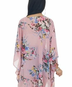 Umgee Tops Dusty Blush Floral Print Chiffon Woven Kimono