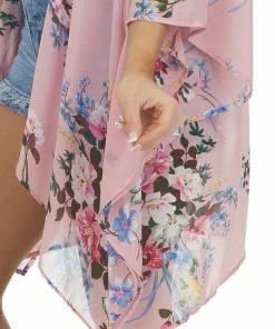 Umgee Tops Dusty Blush Floral Print Chiffon Woven Kimono