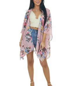 Umgee Tops Dusty Blush Floral Print Chiffon Woven Kimono