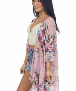 Umgee Tops Dusty Blush Floral Print Chiffon Woven Kimono
