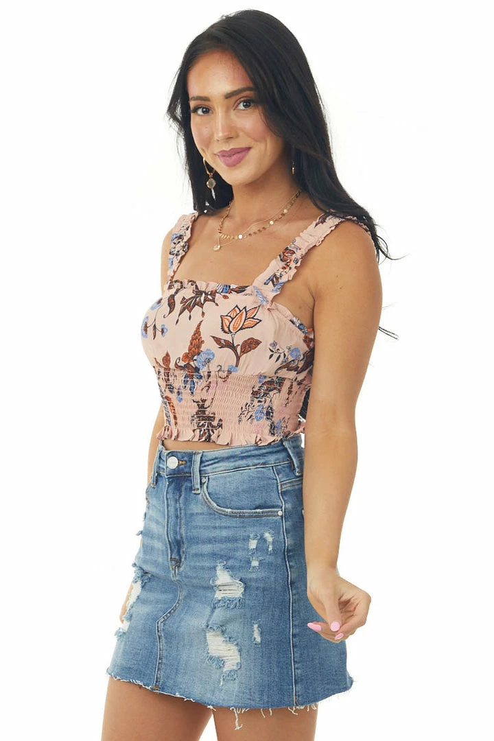 ANGIE Dusty Blush Floral Print Smocked Crop Tank Top 6 ANGIE Dusty Blush Floral Print Smocked Crop Tank Top