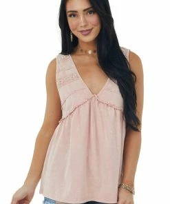 BiBi Dusty Blush Mineral Wash V Neck Knit Tank Top