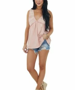 BiBi Dusty Blush Mineral Wash V Neck Knit Tank Top