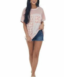 BiBi Dusty Blush Multiprint Waffle Knit Top