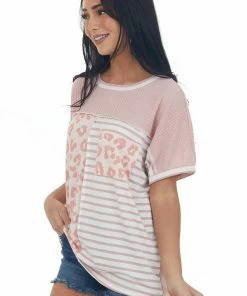 BiBi Dusty Blush Multiprint Waffle Knit Top