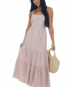 Lush Clothing Dusty Blush Striped Back Tie Tiered Maxi Dress Dresses
