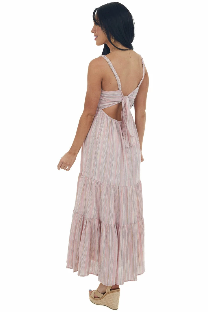 Lush Clothing Dusty Blush Striped Back Tie Tiered Maxi Dress Dresses 6 Lush Clothing Dusty Blush Striped Back Tie Tiered Maxi Dress Dresses