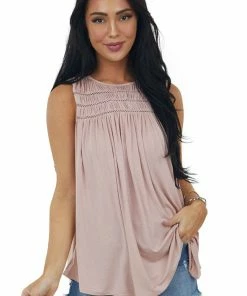 Allie Rose Tops Dusty Blush Textured Yoke Swing Knit Tank Top