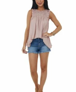 Allie Rose Tops Dusty Blush Textured Yoke Swing Knit Tank Top