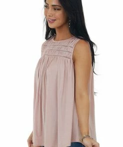 Allie Rose Tops Dusty Blush Textured Yoke Swing Knit Tank Top
