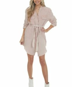 Peach Love Dusty Blush Washed Button Down Shirt Dress
