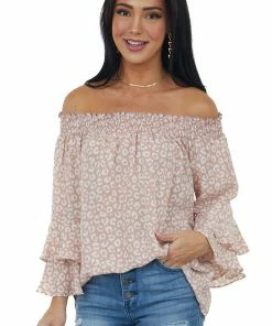 Vine & Love Dusty Blush And Ivory Leopard Print Off The Shoulder Blouse Tops
