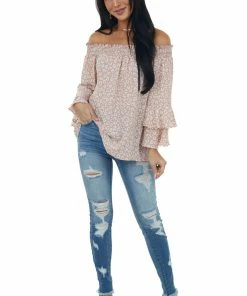 Vine & Love Dusty Blush And Ivory Leopard Print Off The Shoulder Blouse Tops