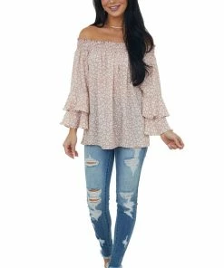 Vine & Love Dusty Blush And Ivory Leopard Print Off The Shoulder Blouse Tops