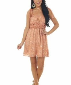 Lush Clothing Dusty Coral Floral Print Ruched Swiss Dot Dress 9 Lush Clothing Dusty Coral Floral Print Ruched Swiss Dot Dress