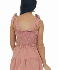 Heyson Dusty Coral Washed Shoulder Tie Smocked Tiered Top 16 Heyson Dusty Coral Washed Shoulder Tie Smocked Tiered Top