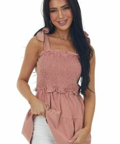 Heyson Dusty Coral Washed Shoulder Tie Smocked Tiered Top 12 Heyson Dusty Coral Washed Shoulder Tie Smocked Tiered Top
