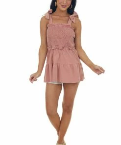 Heyson Dusty Coral Washed Shoulder Tie Smocked Tiered Top 14 Heyson Dusty Coral Washed Shoulder Tie Smocked Tiered Top