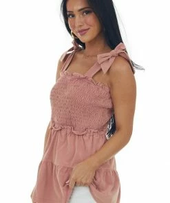 Heyson Dusty Coral Washed Shoulder Tie Smocked Tiered Top 15 Heyson Dusty Coral Washed Shoulder Tie Smocked Tiered Top