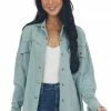 Davi & Dani Dusty Juniper Fraying Button Down Shacket Tops 1 Davi & Dani Dusty Juniper Fraying Button Down Shacket Tops