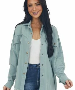 Davi & Dani Dusty Juniper Fraying Button Down Shacket Tops