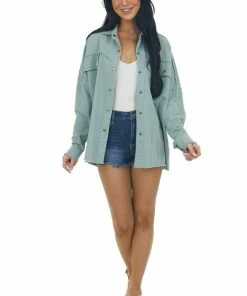 Davi & Dani Dusty Juniper Fraying Button Down Shacket Tops