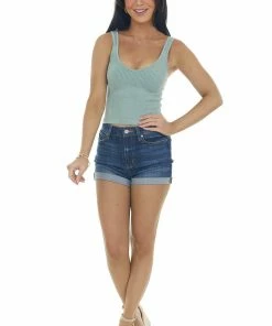 DYNAMIC Tops Dusty Juniper Ribbed Knit V Neckline Crop Tank 10 DYNAMIC Tops Dusty Juniper Ribbed Knit V Neckline Crop Tank