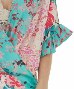 Umgee Dusty Kelly Green Multiprint Short Sleeve Surplice Top 25 Umgee Dusty Kelly Green Multiprint Short Sleeve Surplice Top