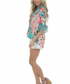 Umgee Dusty Kelly Green Multiprint Short Sleeve Surplice Top 23 Umgee Dusty Kelly Green Multiprint Short Sleeve Surplice Top