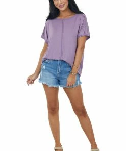 IWT Brands Dusty Lavender Short Sleeve High Low Knit Top Tops