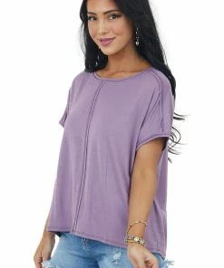 IWT Brands Dusty Lavender Short Sleeve High Low Knit Top Tops