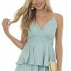 Davi & Dani Dusty Mint Surplice Tiered Sleeveless Romper Dresses