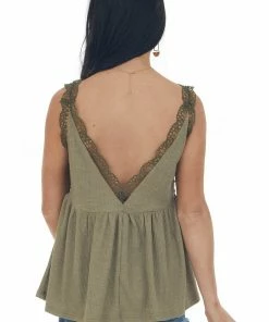 Umgee Dusty Olive V Neck Tank Top With Crochet Lace Trim