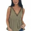 Umgee Dusty Olive V Neck Tank Top With Crochet Lace Trim 2 Umgee Dusty Olive V Neck Tank Top With Crochet Lace Trim