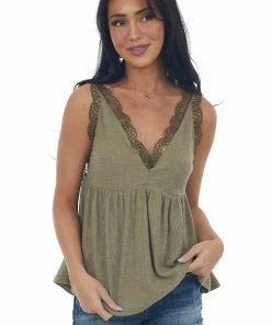 Umgee Dusty Olive V Neck Tank Top With Crochet Lace Trim