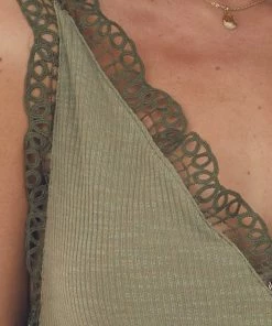 Umgee Dusty Olive V Neck Tank Top With Crochet Lace Trim