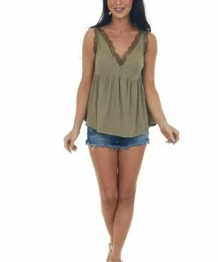 Umgee Dusty Olive V Neck Tank Top With Crochet Lace Trim