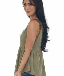 Umgee Dusty Olive V Neck Tank Top With Crochet Lace Trim