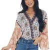 Entro Tops Dusty Peach Multiprint Surplice Bodysuit 2 Entro Tops Dusty Peach Multiprint Surplice Bodysuit