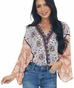 Entro Tops Dusty Peach Multiprint Surplice Bodysuit