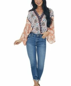Entro Tops Dusty Peach Multiprint Surplice Bodysuit