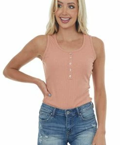 Vanilla Bay Tops Dusty Peach Sleeveless Ribbed Knit Bodysuit