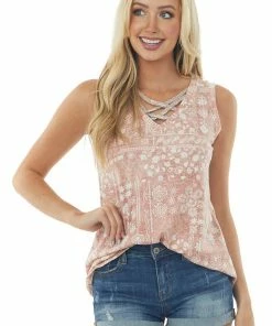 Lime'N' Chili Tops Dusty Rose Abstract Print Criss Cross Neck Top