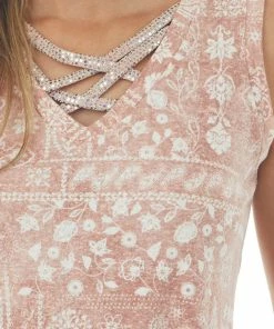 Lime 'N' Chili Tops Dusty Rose Abstract Print Criss Cross Neck Top