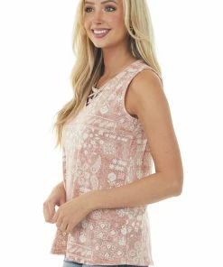 Lime 'N' Chili Tops Dusty Rose Abstract Print Criss Cross Neck Top