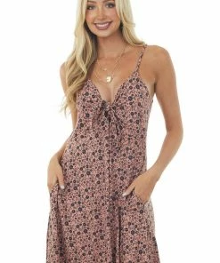 Haptics Dresses Dusty Rose Ditsy Floral Sleeveless Tie Front Dress